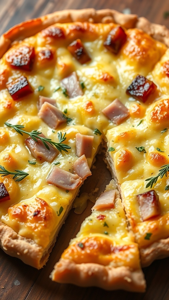 A golden-brown cheese and ham quiche with a flaky crust, garnished with herbs, on a wooden table.